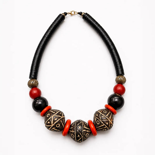 Aya African Statement Necklace - Carved Clay and Amber